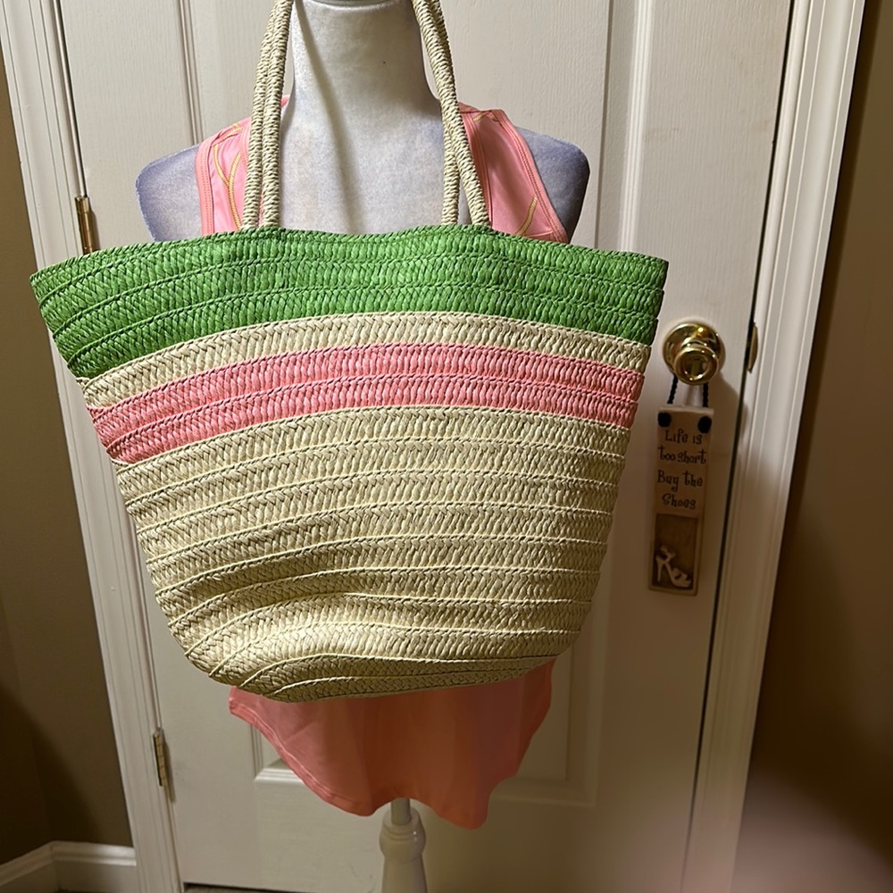New pink and green straw bag